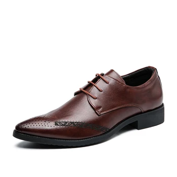 Луксозна марка мъжки обувки от естествена кожа, обувки за банкет в британския стил, мъжки обувки с остри чорапи, мъжки бизнес ежедневни обувки