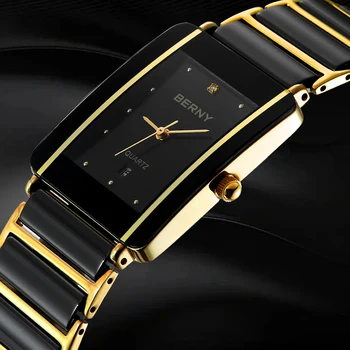 Мъжки кварцов часовник BERNY, керамика, луксозен календар от неръждаема стомана SEIKO XV12, керамични ръчен часовник със златен правоъгълник за мъжете