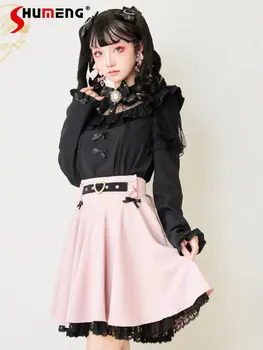 Японската скъпа черна блуза Дамски Мила жена лейси шифоновая лоскутная лък с кристали Топ на лигавицата с дълъг ръкав Blusas Femininas