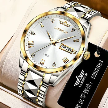 LANMSOM 2023 Бизнес Мъжки Часовници Най-добрата Марка на Луксозни От Неръждаема Стомана Водоустойчив Светещи Кварцови Часовници за Мъже Relogio Masculino