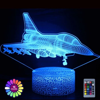 Боен самолет лека нощ за деца 3d илюзия USB лампа на батерии Декор за спалня Военен кораб, Самолет Подарък за деца Момче Момиче