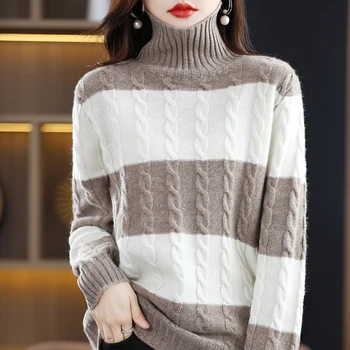 Есенно-зимния пуловер от 100% чиста вълна, нов дамски топ с високо воротом, модерен вязаный контрастен пуловер, корейски пуловер