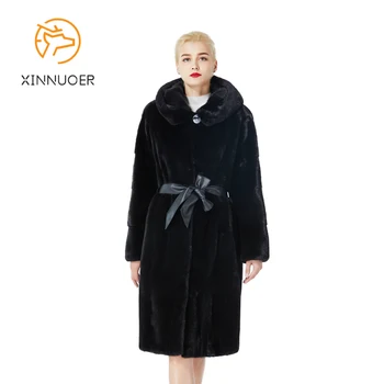 Дамски норковая палто от естествена кожа на норка, дълга секция е с кожен колан, топло през зимата, луксозна и щедра