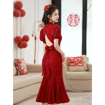 Жена бордо завързана Чонсам, празнична облекло за наздравици, Ципао, китайски стил сватбена рокля с риба опашка