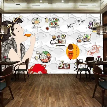 Японската кухня, суши-ресторант, индустриален декор, тапети, 3D бяла хартия, вырезанная от хартия, фонова картина във формата на риба, тапети 3D