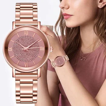 Луксозни дамски кварцов часовник с диаманти 2023, изискана и женствена магнитни ръчен часовник от розово злато, красиво качество за момичета