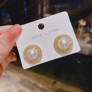 Голяма кръгла обица-карамфили с имитация на перли за жени, корейската тенденция геометрична обици с кристали, елегантни вечерни бижута, аксесоари, подаръци