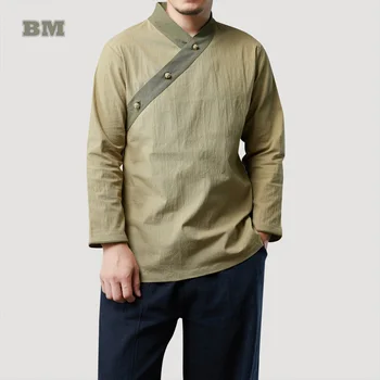 Hanfu Men 2021, пролет-есен, китайската традиционна риза, потник с три плат катарами, V-образно деколте, контрастни етнически ризи тайдзи