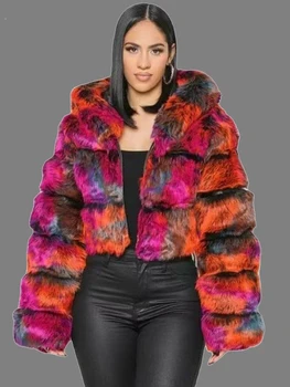 Висококачествени якета от изкуствена лисьего кожа, топло пушистое палта за жени, градинска дрехи, есен-зима, hoody с дълъг ръкав, тънка къса горна дреха