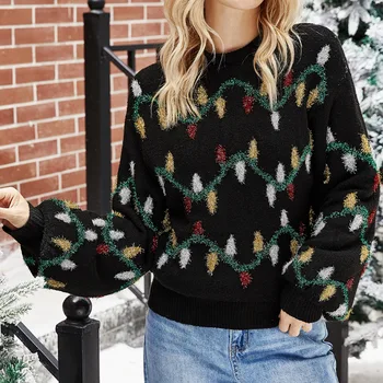 Коледни пуловери женски 2023, нови модни свободни възли блузи, пуловери, с кръгло деколте и дълъг ръкав, ежедневни скок в стил мозайка на едро