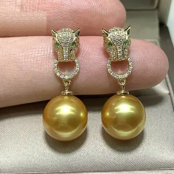 нови прекрасни кръгли обеци с перли AAA 11-12 мм от злато Южнокитайско море, сребро проба 925