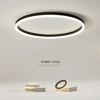 Кръгъл пръстен на Led тавана лампа в модерен интериор за хол, трапезария, кухня, спалня, коридор, черна проста дизайнерски полилей
