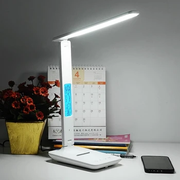 Светодиодна настолна лампа за безжичното зареждане с календар температура будилник, защита за очите, лампа за четене, сгъваема лампа, таблица лампа
