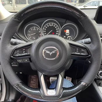 За Mazda CX-3 CX3 CX-5 CX5 2017 2018 CX-9 Черна Кожа от Въглеродни влакна, зашити на ръка, Нескользящая Покриване на Волана на Автомобил, Вътрешна