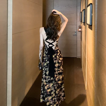 Френското ретро Макси рокля с флорални подтяжками, женски сарафан 2021, плажна рокля в стил бохо с отворен гръб, най-тънката рокля без ръкави