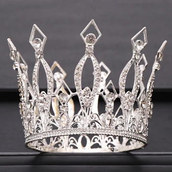 Сватбена короната сребрист цвят в бароков стил, украсени с пайети, прическа във формата на короната, сватбени аксесоари за коса, crown за партита, сватбени украси за коса