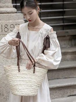 Пролет-лято оригинални дизайнерски дамски реколта сладки романтични памучни рокли кайсиев цвят с лък